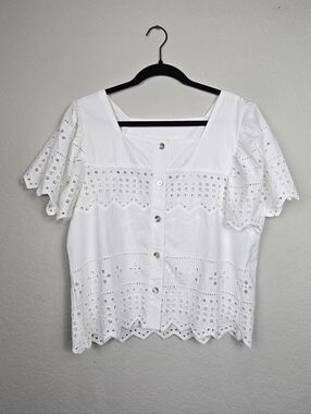 Nicole Miller White Eyelet Button-Front Women's Top Size Medium 100% Cotton